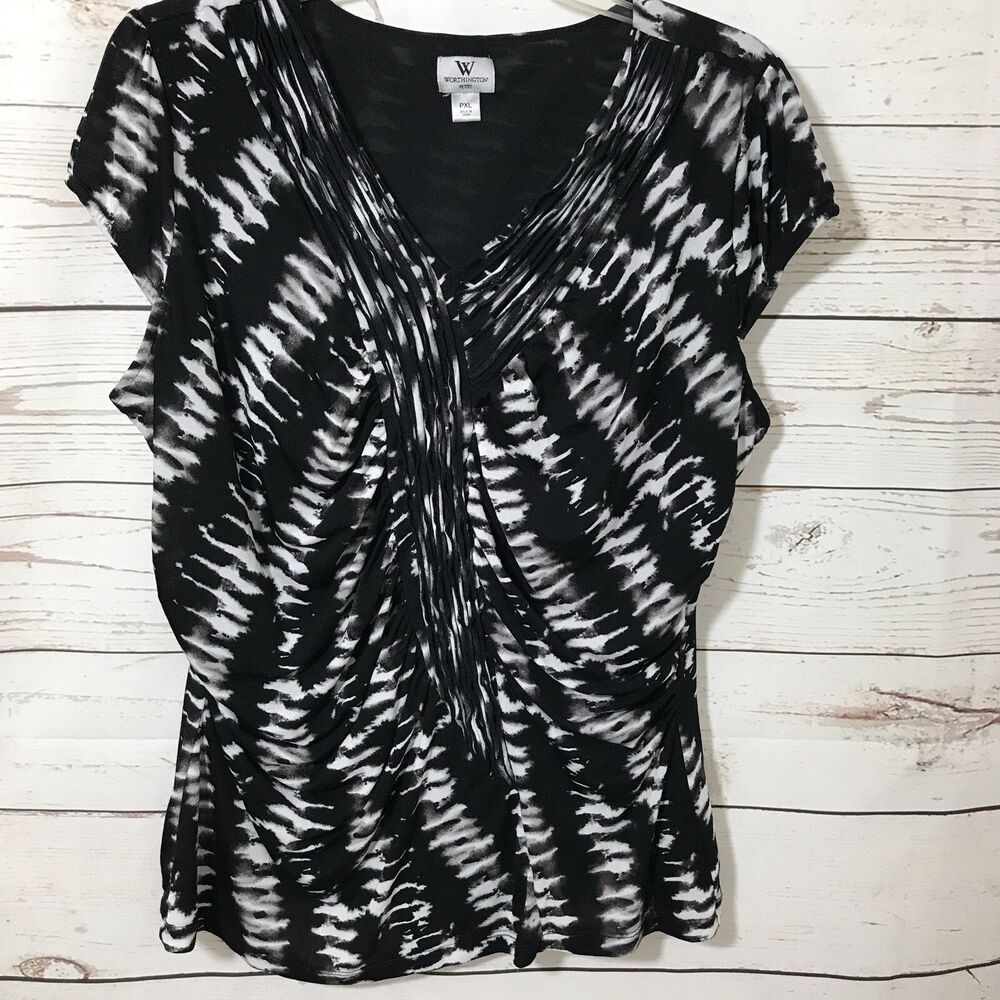 Worthington Petite Womens XL Black & White Dressy Stretchy Pullover Top